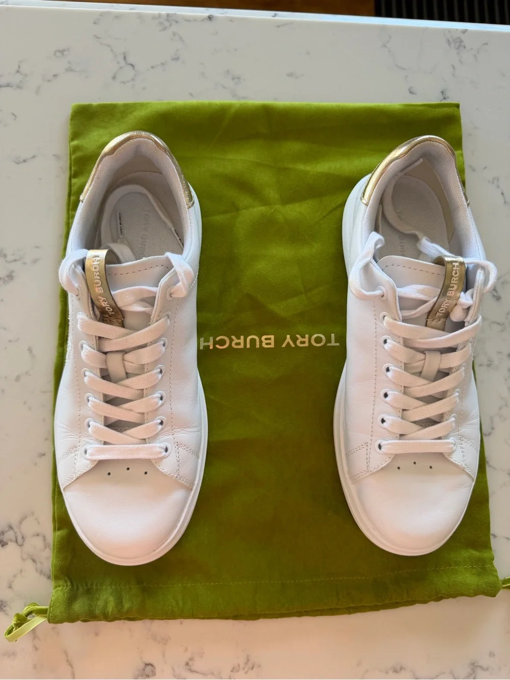 Tory Burch White Leather Sneakers with Gold Heel and Tongue Trim
